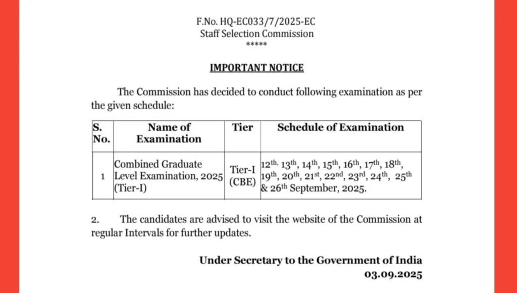 SSC CGL Exam Date 2025 Tier 1